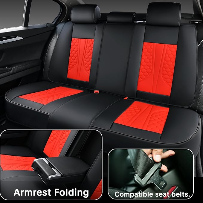 Red Car Seat Covers Full Set Luxury Waterproof | Leather Auto Seat Protector with Airbag Compatible Design, Breathable Non-Slip Cushion, Easy Installation, Fits Most Cars