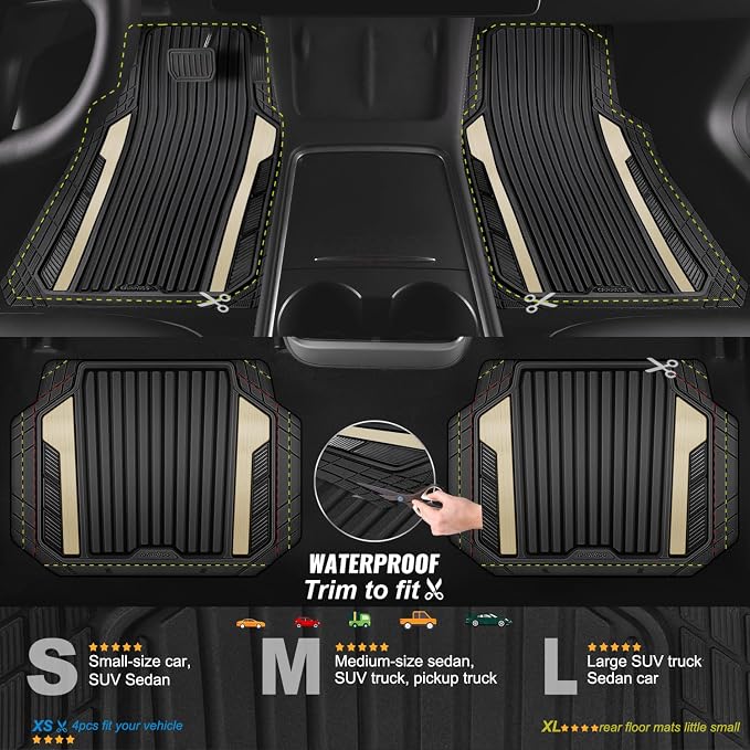 CAR PASS Heavy Duty Rubber Car Mats Metallic, Aluminum Film All Weather Floor Mats Waterproof Universal Trim to Fit for SUV Sedan Van 4 Piece Deep Dish Two-Tone Sporty Black Golden Chrome