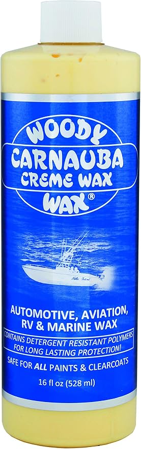 Woody Wax Carnauba Creme Wax, High-Gloss for Marine, RV & Aviation | UV Protection for Paint & Clear Coat, Detergent Resistant Polymers, Covers Light Scratches and Removes Oxidation, 16 oz