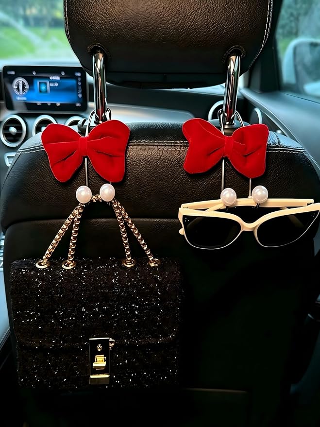 Purse Holder for Car Front Seat,Bow Purses Hook for Car Accessories Bag Holder,Gancho Para Saco Auto Outunusual,Clips Strap Accessory Cute,Red Bow