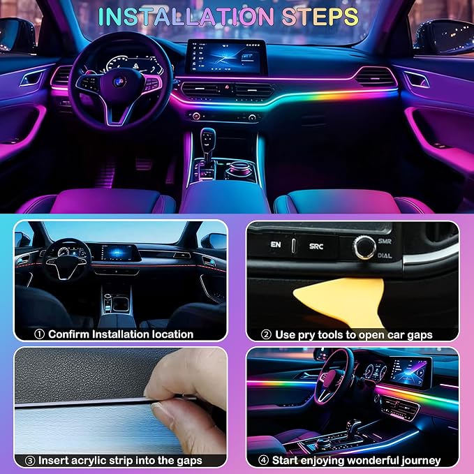 Interior Car LED Strip Lights with Wireless APP, Ambient Lighting Kits with Dynamic Dreamcolor Chasing, 16 Million Colors Acrylic LED Lights for Car, Sound Active Function Car Neon Lights (6 in 1)