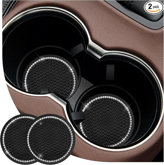 2PCS Bling Car Cup Coaster, 2.69 Inch Anti-Slip Auto Cup Holder Drink Mat w/Crystal Rhinestones, Universal Shiny Diamond Vehicle Insert Coasters Cups Mats for Women (Black & White)
