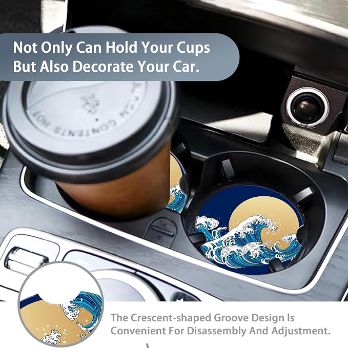 Great Wave Car Cup Holder Coaster,Japan Ocean Sunset Car Coasters for Cup Holder,2 PCS Absorbent Insert Ceramic Car Assecories with Cork Back & Finger Notch for Women Men
