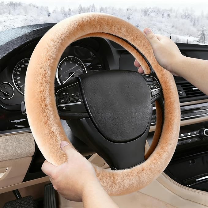 Furry Warm Steering Wheel Cover, Universal 14.5-15 Inch Winter Plush Warm Steering Wheel Cover, Soft Fluffy, Anti-Slip Design, Soft Texture (Camel)