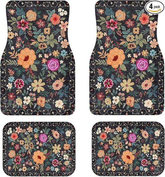 Premium Linen Boho Car Floor Mats Full Set, Vintage Floral Design | Waterproof & non-slip all-weather mats, universal fit for SUV Sedan, luxury car interior accessories for men and women