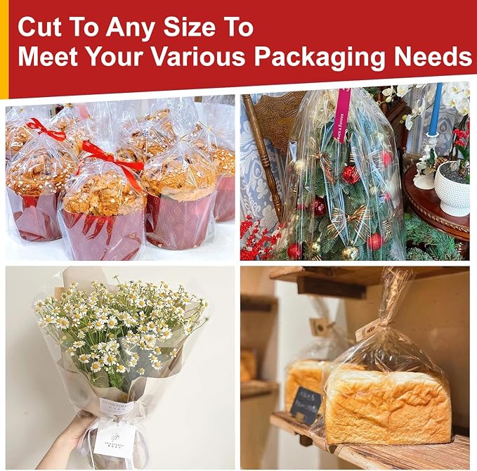 Mauproy 34 In x 100 Ft Clear Cellophane Wrap Roll | 34" Fold into 17", Extra Wide, 2.6 Mil Thick Transparent Wrapping Paper for Baskets, Flower Bouquets
