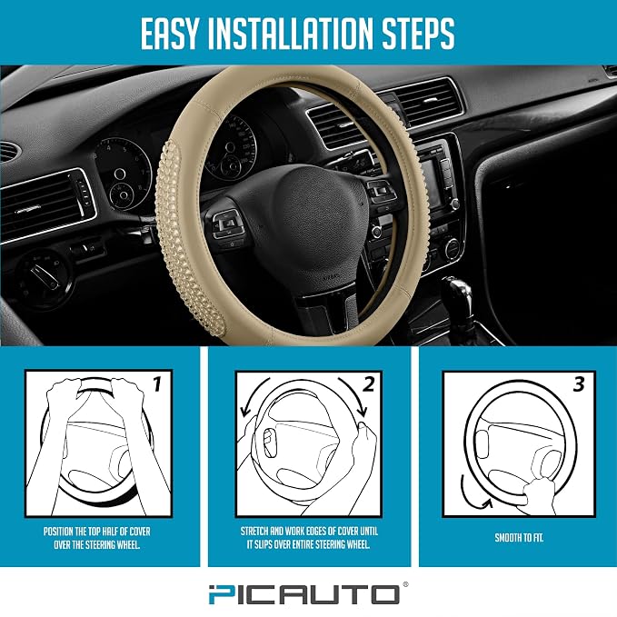 PIC AUTO Steering Wheel Cover, Glitter Gel Particles & Beige Luxury Leather Car Steering Cover, Universal Fit 14.5"-15.5" Anti-Slip Car Wheels Cover for Girls & Women
