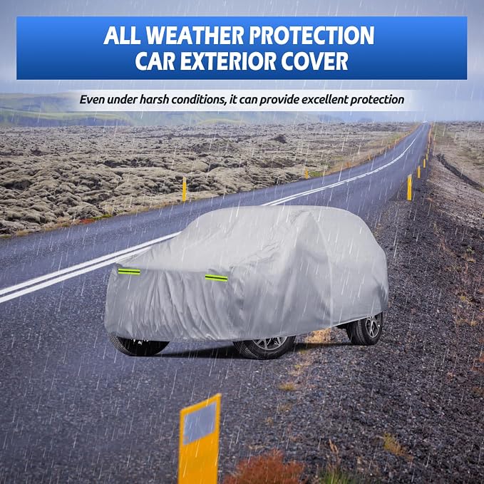6 Layers Car Cover Waterproof All Weather for Automobiles, SUV Cover Size A7 Universal Fit for Toyota Highlander, Honda Pilot, Nissan Pathfinder/Murano, BMW X5(191-201 inch), Silver
