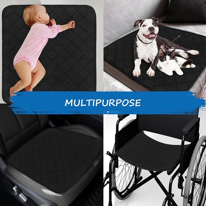 Waterproof Chair Pads for Incontinence Washable, 22" x 21" Under Pads for Adults Washable, 2 Pack Incontinence Chair Pads, Wheelchair Reusable Seat Pads Cover for Men, Women, Adults, Black