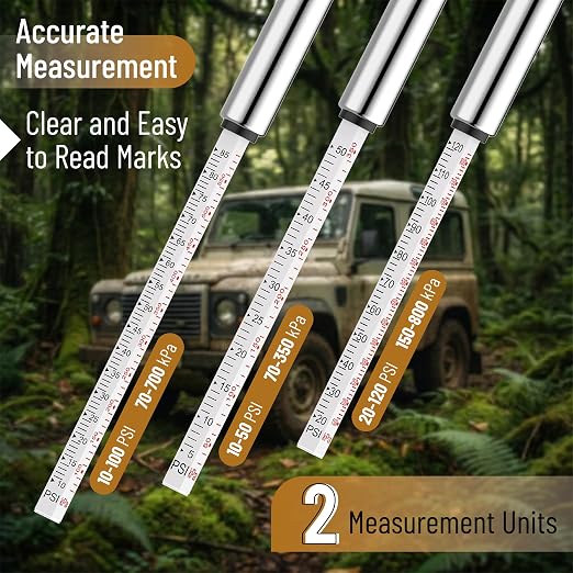 UNCO- Stainless Steel Pencil Tire Pressure Gauge, 3 Pack, 10-50PSI, 10-100PSI, 20-120PSI, Pencil Air Pressure Gauge for Tires with 16 Valve Caps