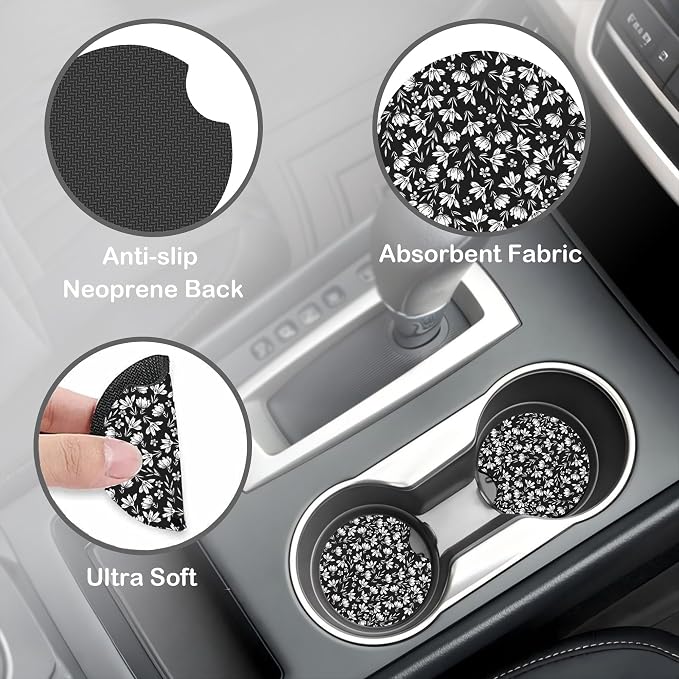 Black and White Flowers Steering Wheel Cover for Women, Anti-Slip Car Steering Wheel Cover with 2 Pcs Cup Holders Neoprene Breathable Car Accessories Universal 15 Inch Auto Interior Decor