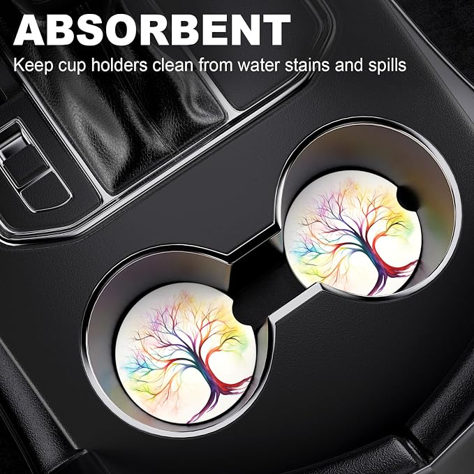 2 Pack Cup Holder Coaster, 2.63inch Anti Slip Insert Absorbent Ceramic Coaster With Cork Base and Finger Notch, Cute Car Accessories Interior for Women (Tree)
