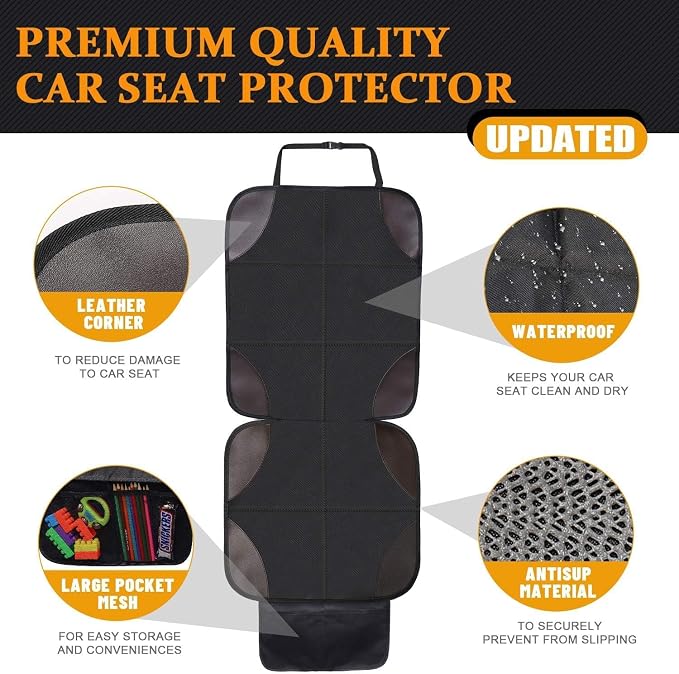 Universal Car Seat Protector - Waterproof Leather Seat Cover with Non-Slip Back & Organizer Pockets, Thick Padding for Child Safety (1, Black)