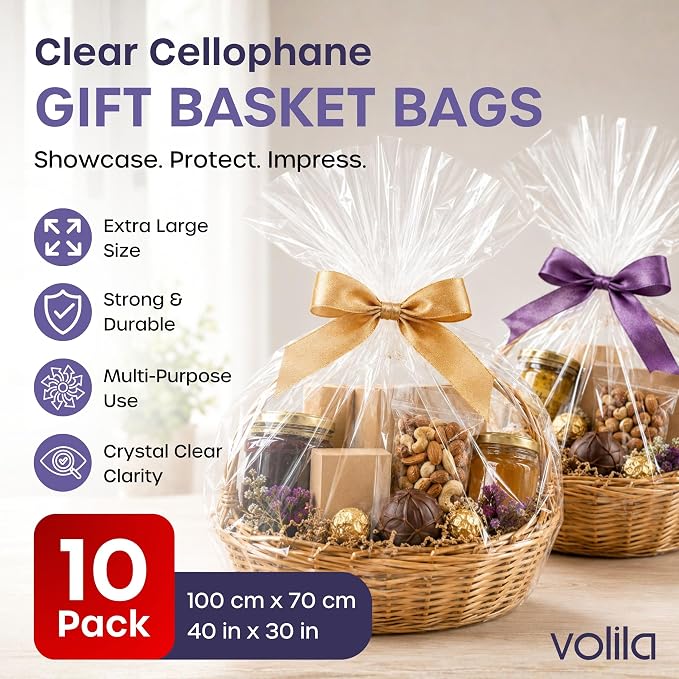 volila Large Cellophane Bags for Gift Baskets - 10 Pack (30 in x 40 in) Clear Gift Wrap for Gift Baskets, Floristry, Party Favors and Food Packaging