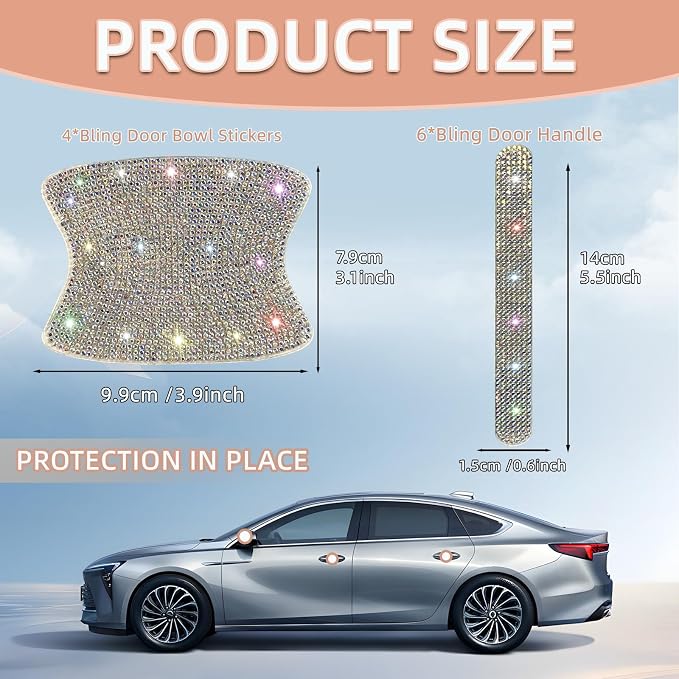 10 pcs Bling Diamond Car Door Handle Stickers, Bling Car Accessories for Women, Universal Rhinestone Crystal Glitter Door Handle Protector Stickers and Decals, Scratch Safety Reflective (Colorful)