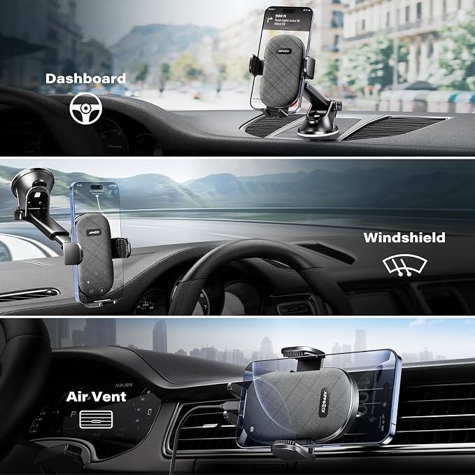 APPS2Car Car Phone Holder Mount, Strong Suction Dashboard & Windshield Phone Holder for Car, Hands-Free, Compatible with iPhone Samsung All Phones, Ideal for Delivery & Uber Drivers, Fleet Vehicles