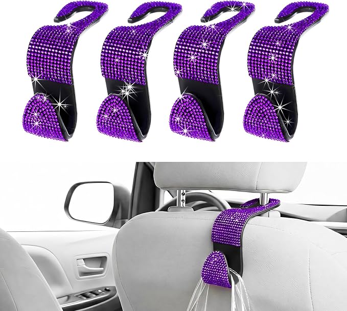 4 PCS Car Seat Headrest Hook, Crystal Rhinestone Seat Hanger Auto Interior Purse Holder, Bling Vehicle Backseat Hangers for Grocery Bags Handbags Coats, Car Accessories (Purple)