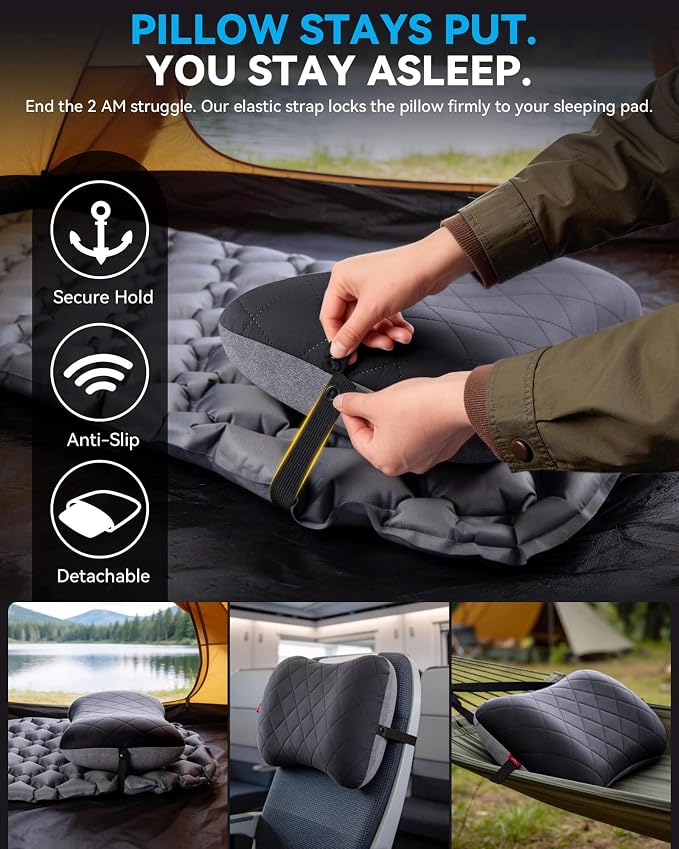 Hikenture Camping Pillow with Removable Cover, Ultralight Inflatable Pillow | Ergonomic Neck Lumber Support, Upgrade Leakproof Backpacking Pillow, Portable Packable for Hiking, Beach, Travel