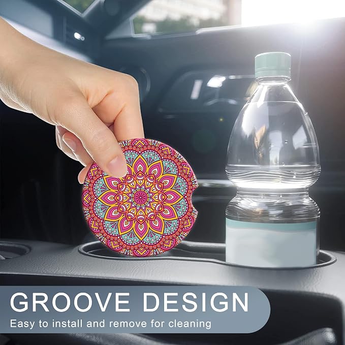 Boho Mandala Car Coasters for Women 2 Pack,Vintage Flower Ottoman Absorbent Car Coasters for Cup Holders Insert Ceramic Anti Slip with Finger Notch & Cork Base Auto Accessories Gifts