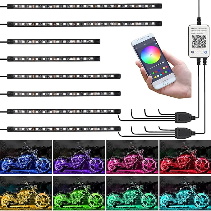 8PCS Motorcycle Underglow LED Light Kit, App Control Multicolor Motorcycle LED Light Kit Music Sync RGB Strips Light Waterproof Compatible with Harley Davidson Honda Kawasaki Suzuki
