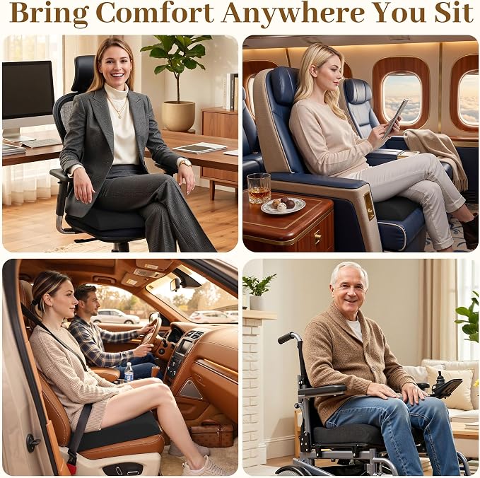 TranquilRelax XLarge Seat Cushion，Soft Foam Cushion for Long Sitting Hours on Office Chair, Home & Car, Non-Slip Chair Pad for Relieving Back & Sciatica & Hip & Coccyx Pain (Black)
