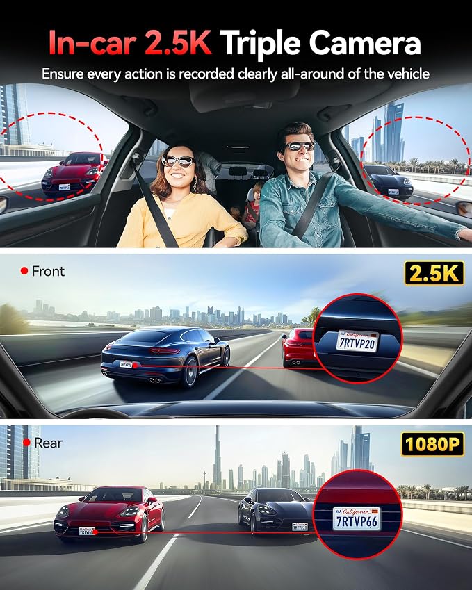 REDTIGER 530° Dash Cam 3 Channel, 2.5K+2.5K+1080P Triple Car Camera with IR Night Vision, Touch Screen, Dashcam for Front Inside Rear Included WiFi GPS, 24H Parking Mode(No Card Included)