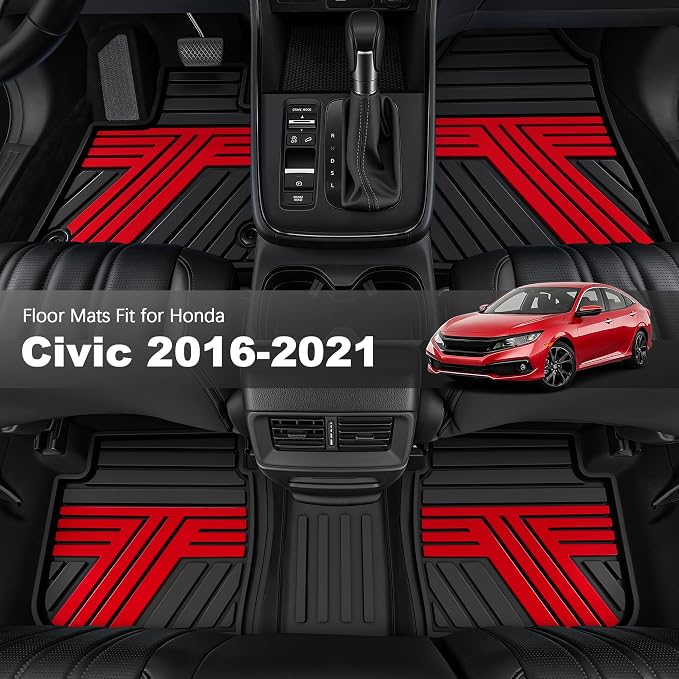 Rubber Floor Mats for Honda Civic Sedan 2016-2021 | All Weather Heavy Duty Car Mats Also Fit for Hatchback 2017-2021 & Coupe 2016-2020, 1st & 2nd Row, Black & Red