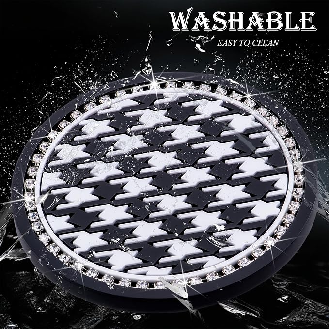 2PCS Sparkly Bling Car Cup Holder Inserts – 2.75 Inch Soft Silicone Coasters, Anti-Slip & Shockproof, Cute Vehicle Accessories for Women Girls (Houndstooth)