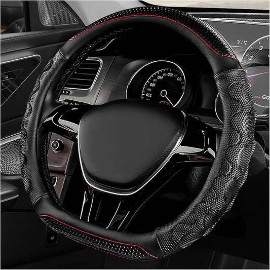D-Shaped Steering Wheel Cover, Leather Car Wheel Protector with 3D Honeycomb Anti-Slip Design, Universal Breathable Comfy Cover Fits 14.5-15 Inch Steering Wheels, Car Accessories (Black)