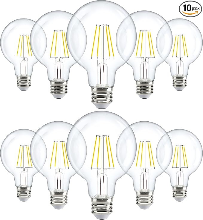 10 Pack G25 LED Light Bulbs, Filament Edison Globe, Vanity Lighting Bulb for Bathroom Bedroom, 500 LM, 5W (60W Equivalent), 4000K Cool White, Dimmable, E26 Base, Clear UL