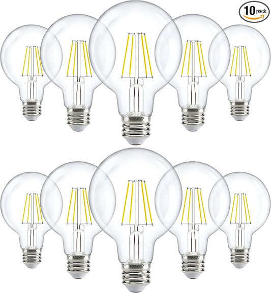 10 Pack G25 LED Light Bulbs, Filament Edison Globe, Vanity Lighting Bulb for Bathroom Bedroom, 500 LM, 5W (60W Equivalent), 4000K Cool White, Dimmable, E26 Base, Clear UL