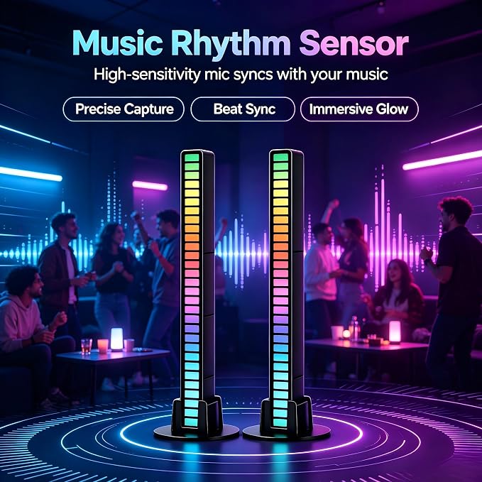 RGB Rhythm Light Bar, Sound Activated Light for Gaming, Bedroom & Car Decor | 32 LEDs, 18 Colors & 8 Dynamic Lighting Modes, USB Powered, Plug & Play Ambient Light for Party & Desktop Atmosphere Decor