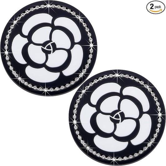 2-Pack Bling Cup Holder Coasters for Cars – 2.75 Inch Silicone Inserts – Anti-Slip, Shockproof – Decorative Vehicle Accessories for Women & Girls (White Flower)