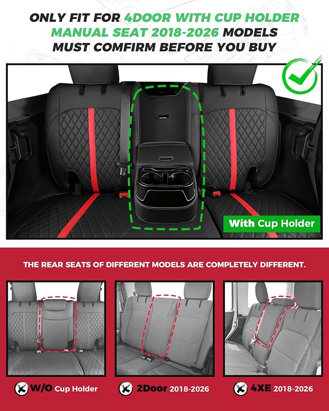 for Jeep Wrangler Seat Covers 4Door JL 2018 2019 2020 2021 2022 2023 2024 2025 2026, Custom Car Seat Cover Full Set, Luxury Waterproof Leather Protectors, Black Red Trim, with Rear Cup Holder