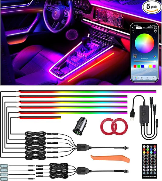 KENANEK 55.12inch Acrylic LED Lights for Car–6 Dreamcolor Interior Car LED Strip Light+4 footwell Lights, 3 Control Methods, Music Sync, Dual USB Cigarette Lighter, Universal Fit for Car/SUV/Truck