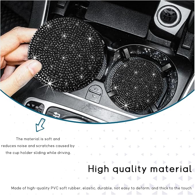 Ziciner 2 Pack Bling Car Cup Holder Coaster, Anti-Slip Auto Insert Coaster with Start Stop Button Cover, Universal Shiny Crystal Vehicle Interior Accessories for Women and Girls (Black)