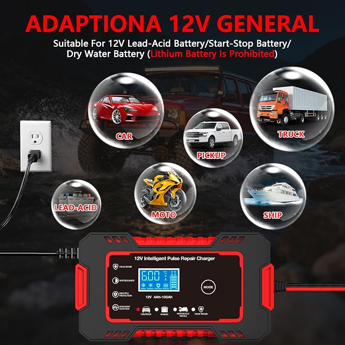 12V 6-Amp Battery Charger, Smart Trickle Charger & Maintainer RED | Battery Desulfator, Winter & Summer Mode, Lead-acid Battery Chargers, for Car Truck Motorcycle Lawn Mower Boat