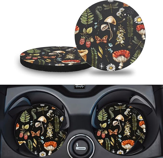 Car Cup Holder Coasters, 2 Pack – 2.75" Universal Auto Anti-Slip Insert Coaster, Rubber Car Coasters, Personalized Car Accessories for Women & Men (Woodland Mushrooms)
