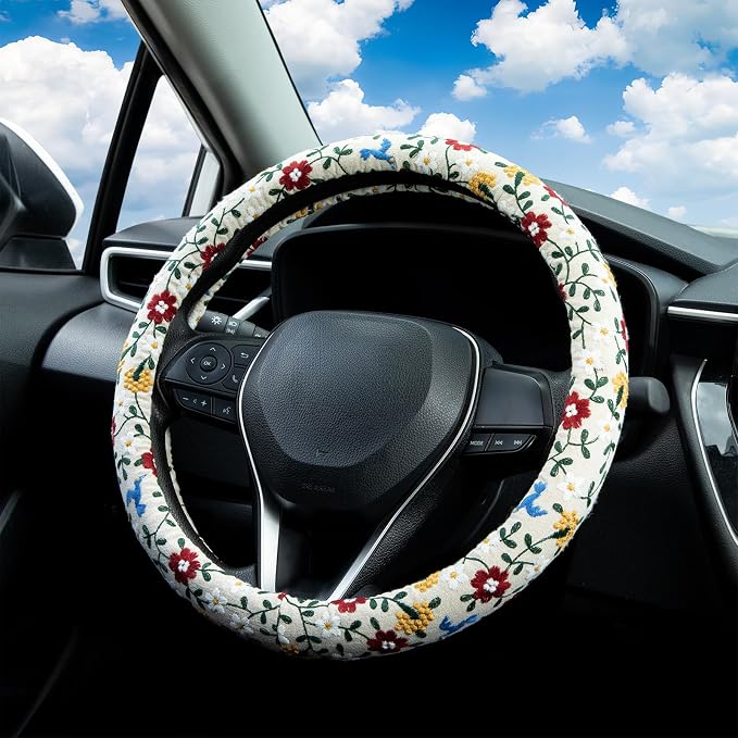 Embroidered Red Flower and Cute Daisy Steering Wheel Cover Auto Anti-Slip Breathable Rubber Steering Wheel Protector,Floral Car Accessories for Women,Universal Size Fit Most Cars -15 inch