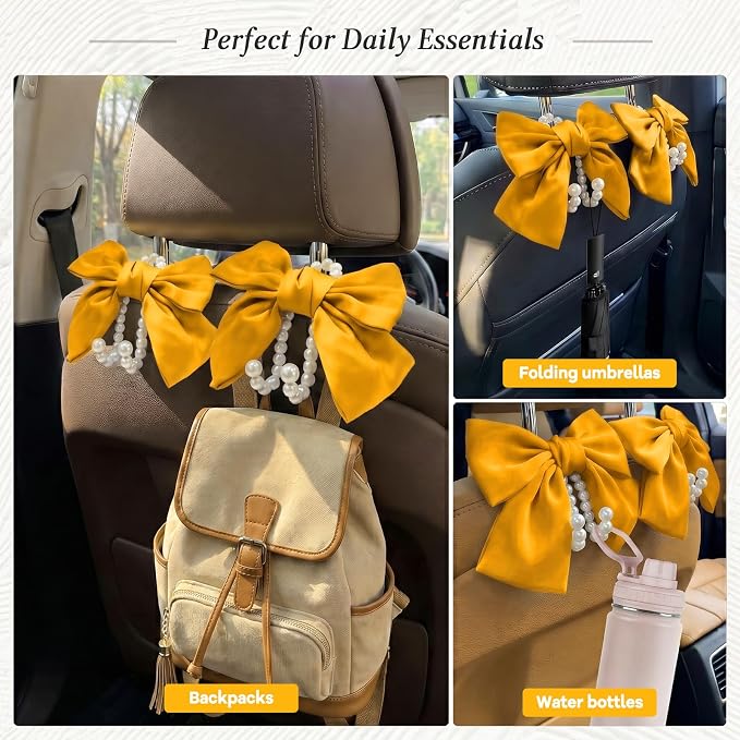 2PCS Satin Bow Pearl Car Seat Headrest Hooks – Car Bag Holder & Vehicle Hanger for Purses – Cute Coquette Aesthetic Interior Decoration – Cute Auto Organizer Accessories Universal (Glod)