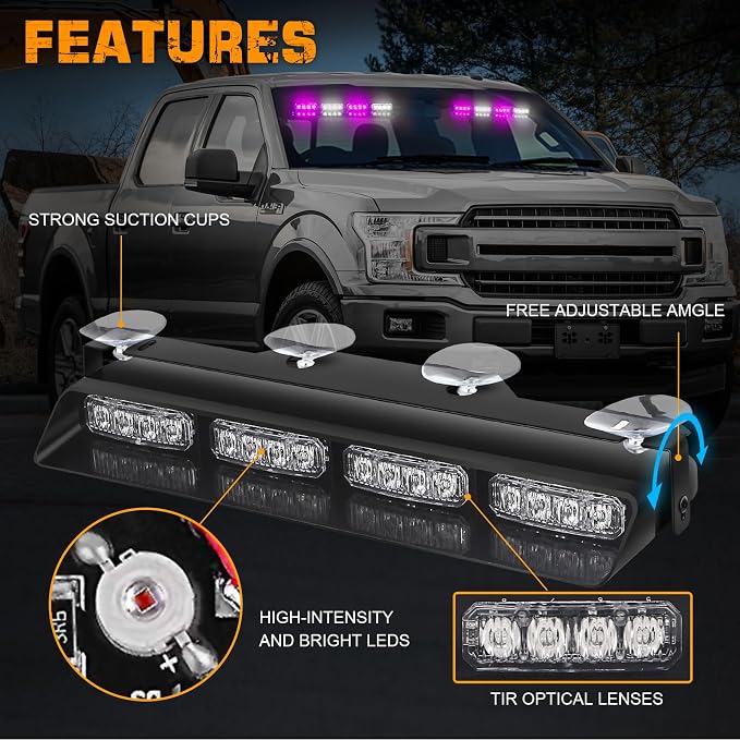 XRIDONSEN 2x14 inch Purple White Emergency Dash Lights 32 LED Strobe Lights | Interior Safety Flashing Warning Hazard Caution Front/Rear Windshield Light Bar w/ Controller for Escort Vehicles Trucks Car