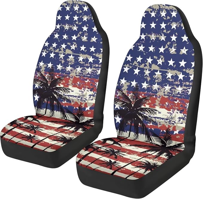 Palm Trees Front Car Seat Cover US Flag Auto Interior Accessories 2 Pcs Set Stretch Polyester Fabric Cover Patriotic All-Season Protection Suitable for Most Cars,SUV,Sedan