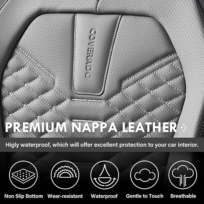 Coverado Leather Seat Covers, Car Seat Covers Full Set, Nappa Leather Seat Covers for Cars, Car Seat Protectors Waterproof, 5 Seats Black&Gray Automotive Seat Covers Fit for Most Cars Trucks