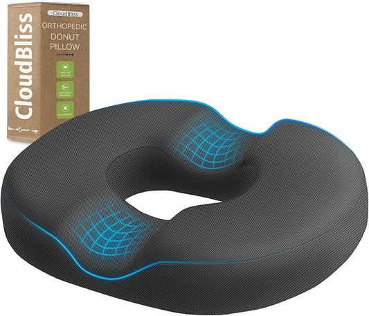 CloudBliss Donut Pillow Stadium Seat Cushion for Tailbone Pain Relief and Hemorrhoids, Memory Foam Seat Chair Cushion, Portable Seat Cushions for Bleachers, Car, Home & Office