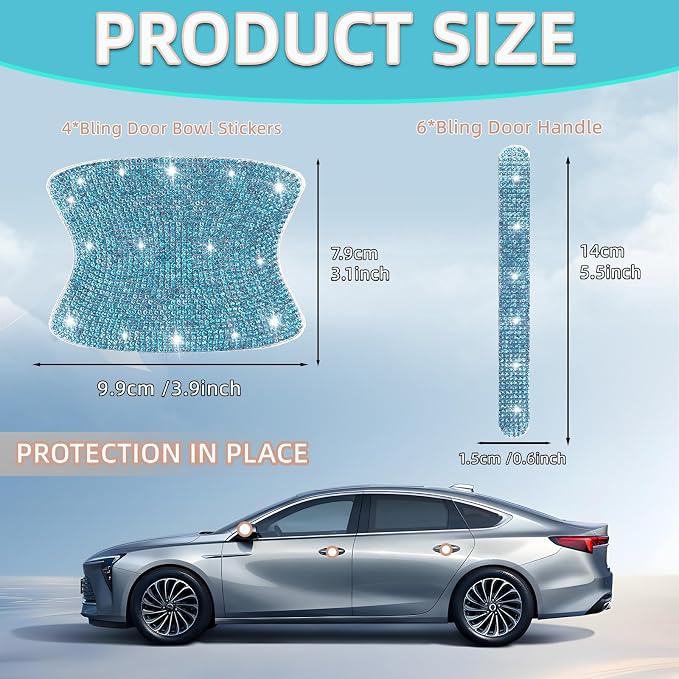 10 pcs Bling Diamond Car Door Handle Stickers, Bling Car Accessories for Women, Universal Rhinestone Crystal Glitter Door Handle Protector Stickers and Decals, Scratch Safety Reflective (Aquamarine)
