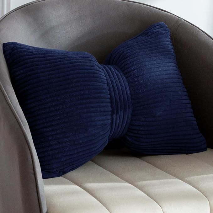 HIGOGOGO Lumbar Support Pillow for Recliner Chair, Bow Knot Shaped Back Support Cushion, Striped Corduroy Soft Decorative Lumbar Pillow for Office Chair, Sofa, Car, Bed, Living Room - Navy