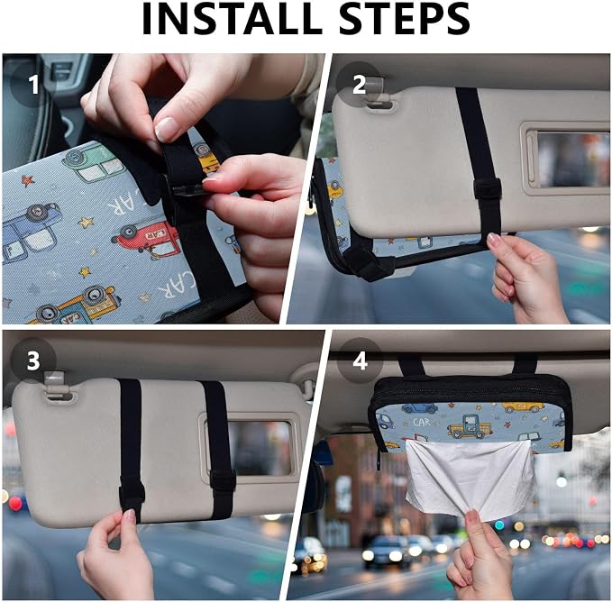 Car Visor Tissue Holder Mask Holder for Car, Car Tissue Box Sun Visor Napkin Holder Car Visor Accessories Adjustable Straps Reusable Durable Easy to Install Blue Cute Cars and Stars