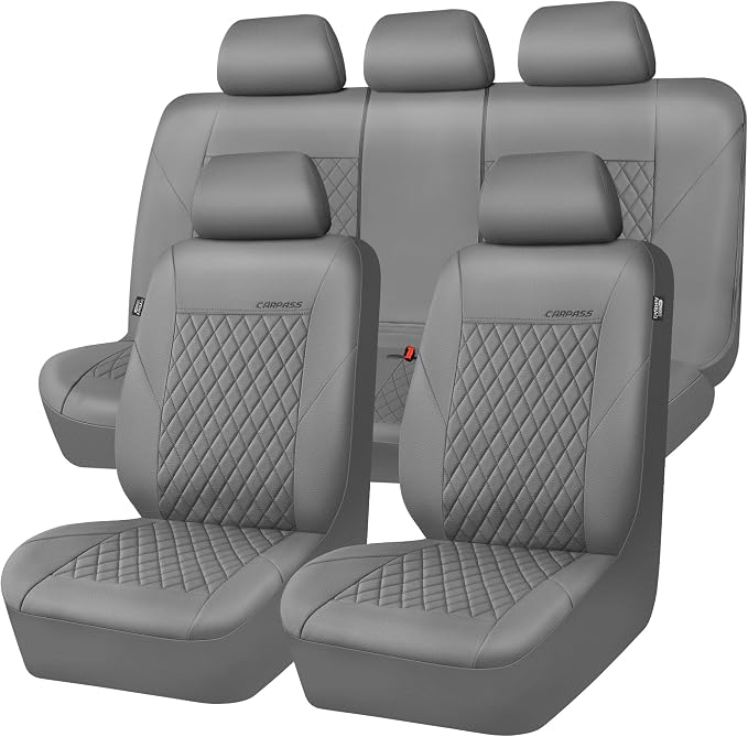 CAR PASS Quilting Faux Leather Seat Covers Full Set, Waterproof Deluxe PU Premium Auto Seat Cover, Breathable Seat Covers Universal Fit for Most Sedan SUV Van Small Truck, Airbag Compatible All Gray