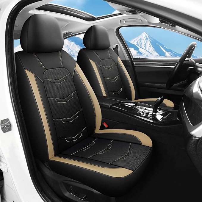 HChengkikz Front Car Seat Cover, Breathable and Sporty (Black + Beige) | Leather, Universal Fit for Most SUVs, Cars, Sedans, Trucks, Airbag Compatible, Easy to Install
