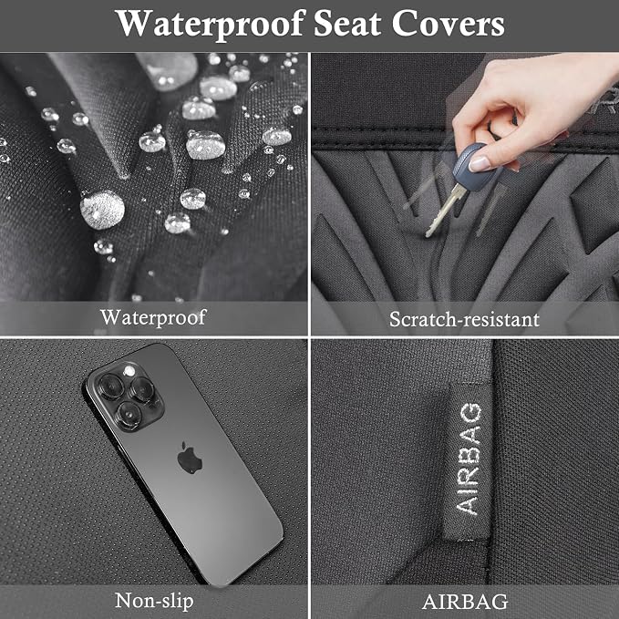 CAR PASS Neoprene Waterproof Seat Covers Two Front, Wetsuit Car Seat Covers 2pcs Universal Fit for Vans, Truck, SUV, 3D Tyre Embossed Seat Covers Anti Slip with Armrests, Aibag Compatible(Black Gray)